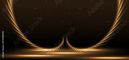 Elegant golden glowing scence with lighting effect sparkle on black background. Template premium award design.