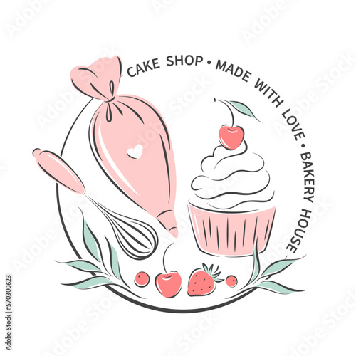 Cake shop logo. Set of tools for making cakes, cookies and pastries. Vector illustration for menu, recipe book, baking shop, cafe.