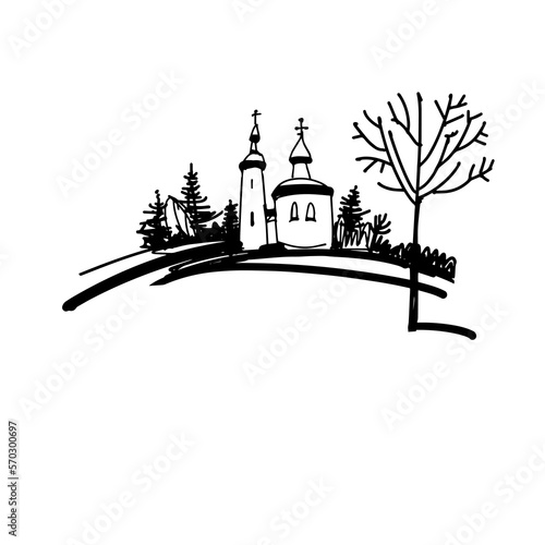 Winter landscape with an Orthodox church. Stylized graphic landscape, hand-drawn in ink. Vector illustration