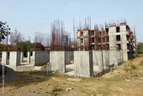 Reinforcement concrete column under construction at the construction site.
