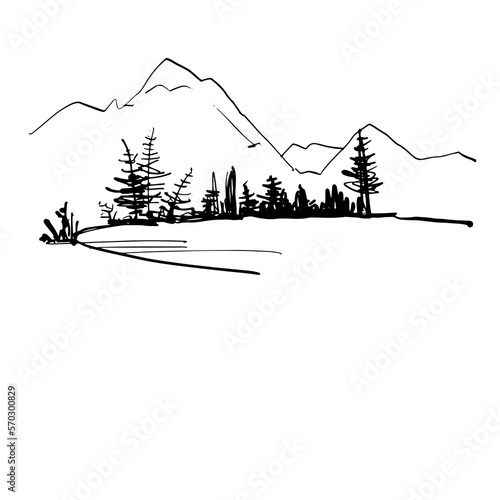 Winter landscape with mountains. A sketch drawn in ink by hand. Vector illustration