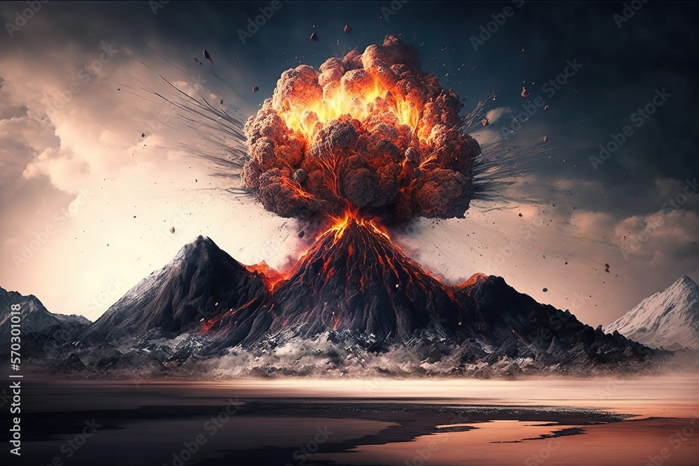 Night landscape with volcano and burning lava. Volcano eruption, fantasy landscape. 3D illustration. - Generative AI - obrazy, fototapety, plakaty 