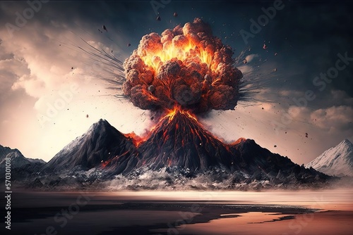 Fotografija Night landscape with volcano and burning lava