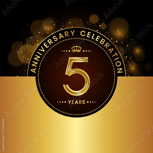 5th Anniversary Celebration. logo design with golden numbers and text for birthday celebration event, invitation, wedding, greeting card, banner, poster, flyer, brochure. Logo Vector Template