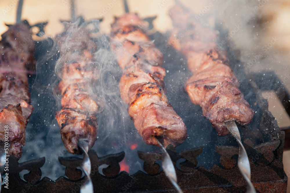Appetizing pieces of meat are fried on the grill.... Appetizing pieces of meat are fried on the grill....