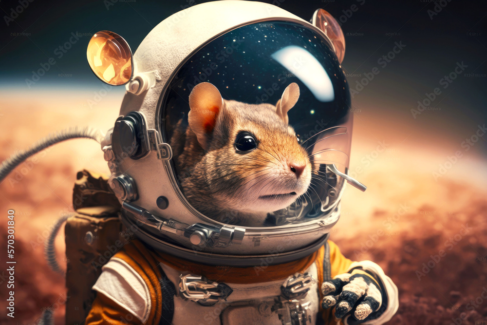 space uniform with helmet and oxygen mask of cosmonaut mice in space, generative ai Stock