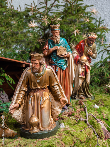 Fotografiet Vohrenbach, Germany - January 16, 2022: The holy three kings coming with gifts t