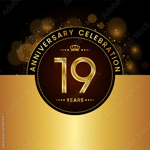 19th Anniversary Celebration. logo design with golden numbers and text for birthday celebration event, invitation, wedding, greeting card, banner, poster, flyer, brochure. Logo Vector Template