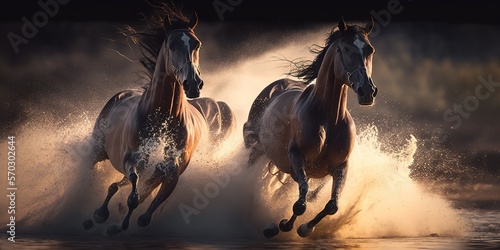 Herd of horses galloping across the river. Running through the water - Frontal View - generative AI