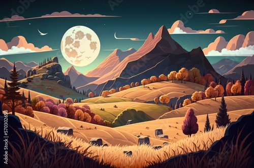 magnificent autumnal view of a mountain crest. Beautiful scenery with gently sloping hills and fields with worn grass under the light of a full moon. Sunny conditions with puffy clouds in the night sk