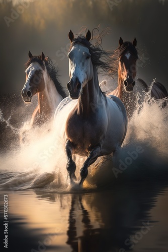 Fototapeta Herd of horses galloping across the river