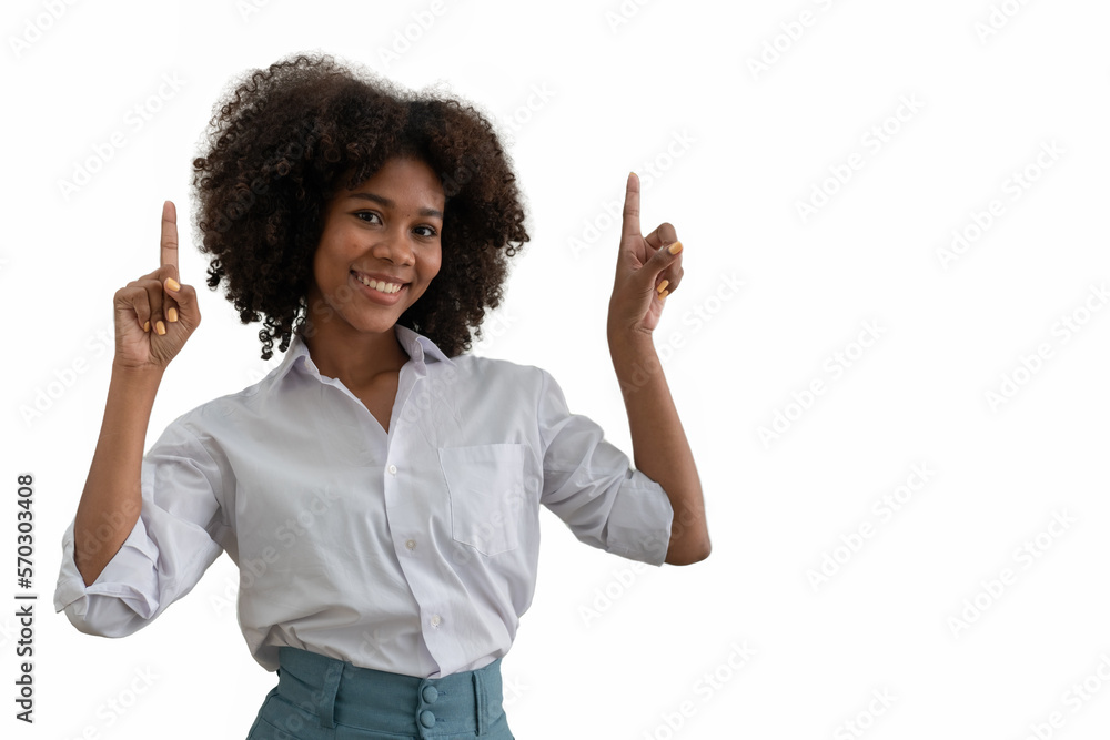 Young attractive African American woman after coming up with an idea points her finger up and wants to share a plan of action dressed in comfortable casual clothes and stands on white background Young attractive African American woman after coming up with an idea points her finger up and wants to share a plan of action dressed in comfortable casual clothes and stands on white background