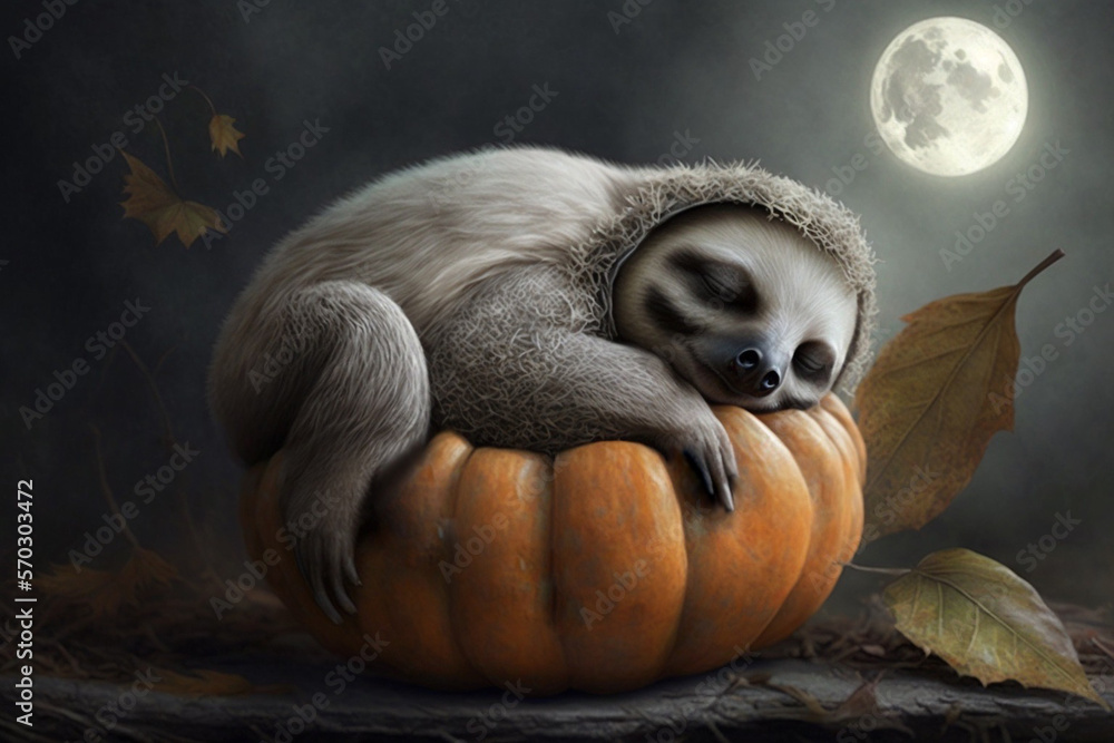 Exhausted tired sloth has fallen asleep on a Halloween pumpkin Exhausted tired sloth has fallen asleep on a Halloween pumpkin