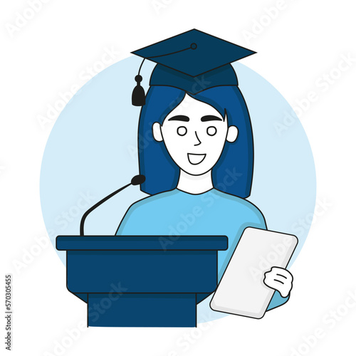 Student in academic cap behind the tribune makes a speech. Woman, diploma defense, bachelors and masters degree, higher education. Vector illustration in blue colors on white background