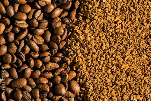 Natural ground coffee versus instant one in Yin Yang shaped plate, isolated on white natural versus instant coffee