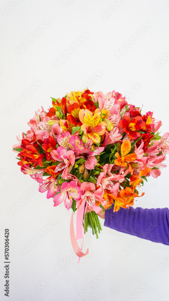Close up of a bouquet of spring flowers multi-colored red, orange, pink alstroemeria on a white background. Flower delivery, customer, flower shop. gratitude. postcard, birthday