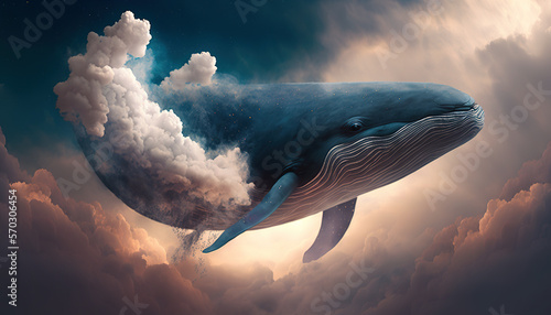 Dreamlike whale flies in the sky