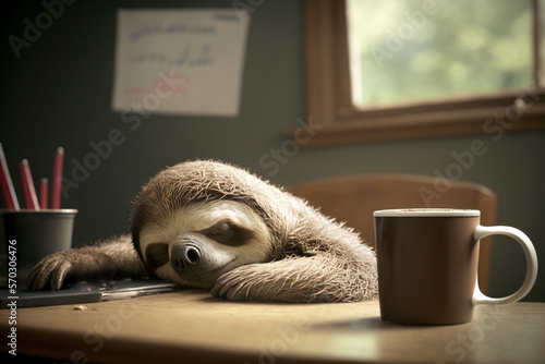 Exhausted tired sloth sleeps on a desk next to a coffee mug