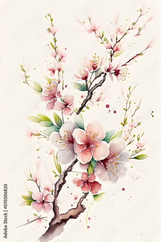 Obraz premium watercolor illustration of cherry blossoms, a branch with pink flowers, illustration with flower petal. Generative AI