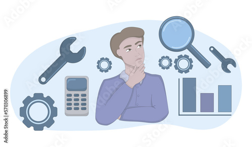 Thinking man with tools for work. Calculator, gear, wrench, magnifier, bar chart, infographic, research, statistics, data analysis. Think, analytics. Blue spot on the background. Vector illustration