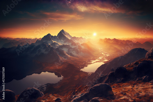 Mountains landscape at sunset, generative ai
