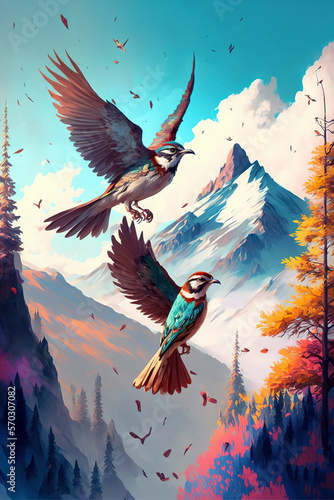 Birds in nature and mountains - Created with Generative AI Technology
