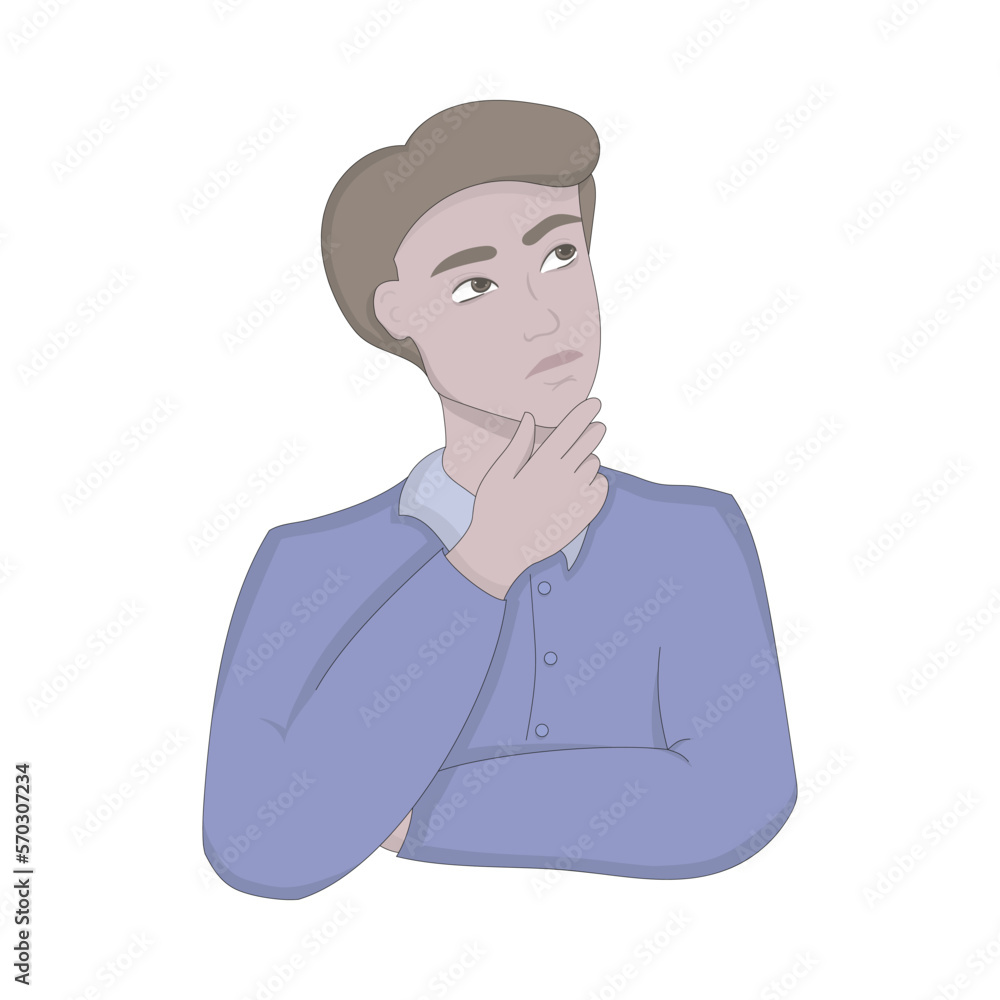 Thinking man. People, society, blue shirt, philosophy, thought, knowledge, education, mental activity, innovation, searching for solution. Vector illustration on white backround Thinking man. People, society, blue shirt, philosophy, thought, knowledge, education, mental activity, innovation, searching for solution. Vector illustration on white backround