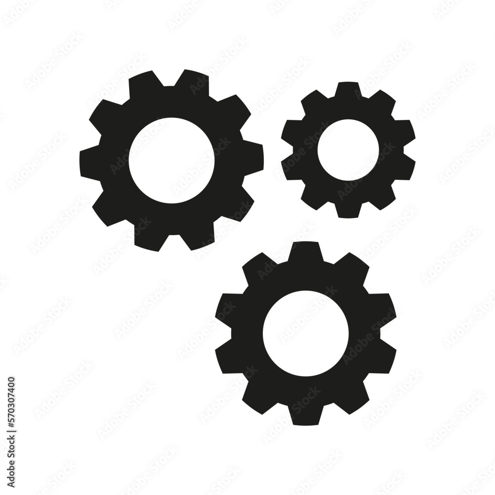 Three black gears. Mechanical instrument, work, teamwork, clock mechanism, creativity, software development, engineering, architecture. Vector illustration on white backround Three black gears. Mechanical instrument, work, teamwork, clock mechanism, creativity, software development, engineering, architecture. Vector illustration on white backround