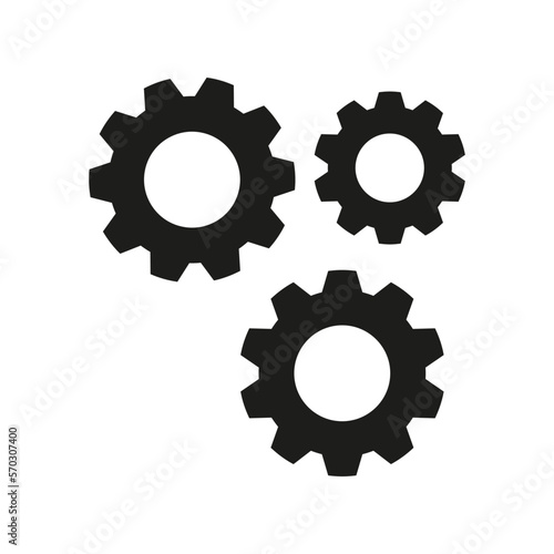 Three black gears. Mechanical instrument, work, teamwork, clock mechanism, creativity, software development, engineering, architecture. Vector illustration on white backround
