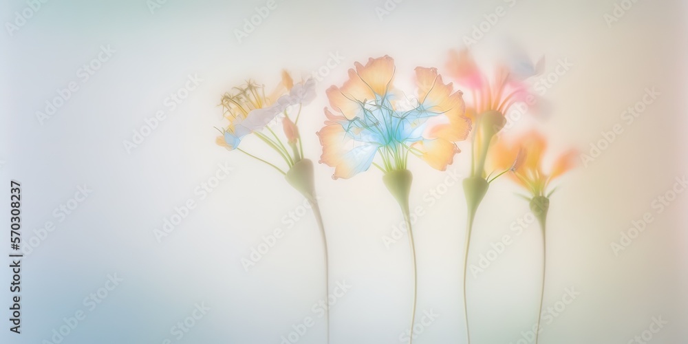 Naklejka premium Soft pastel Spring background with fresh, blossom flowers and leaves in mist, smoke and Spring dew. Generative AI.