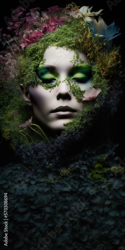 Abstract floral retro portrait of a woman whose face is covered with grass and field flowers. Vintage vivid color. Dark background. Generative AI.