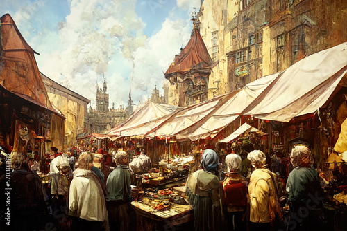 Digital art fantasy: lively food open air market in a medieval city made with generative AI