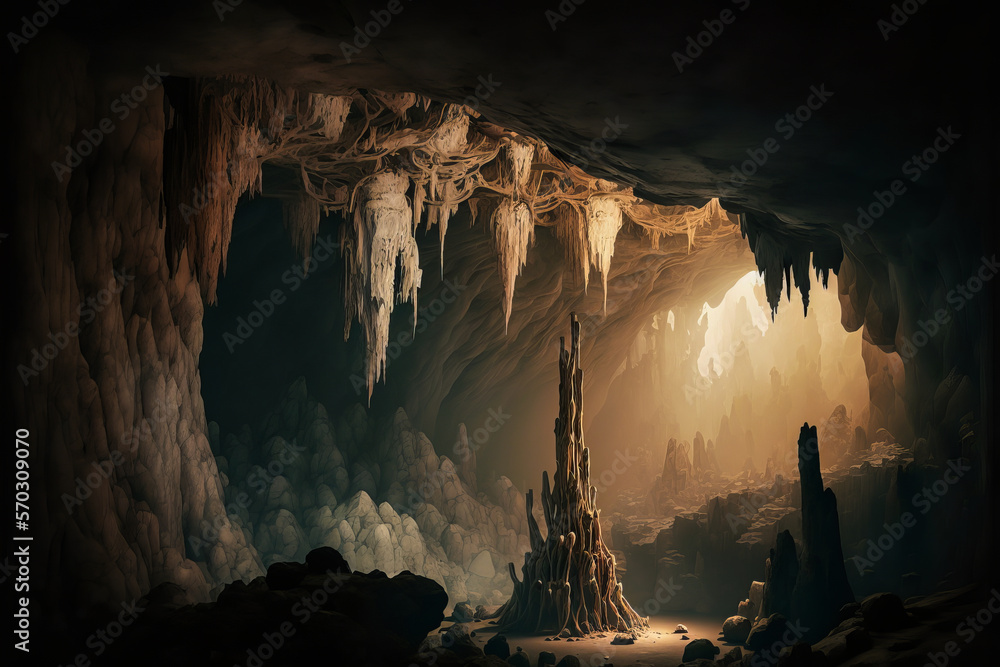 Discover a dark and mysterious cave. Explore the passages, with stalagmites and stalactites, for a feeling of ancestral spirituality. Generative AI - obrazy, fototapety, plakaty 