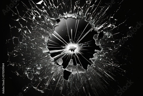 Background of shattered glass with bullet hole. On a background of black, isolated. Generative AI