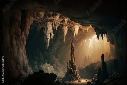 Discover a dark and mysterious cave. Explore the passages, with stalagmites and stalactites, for a feeling of ancestral spirituality. Generative AI photo
