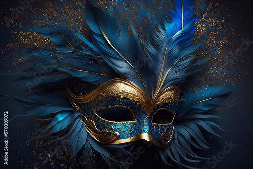 Elegant and delicate blue Venetian mask over dark background. Generative AI