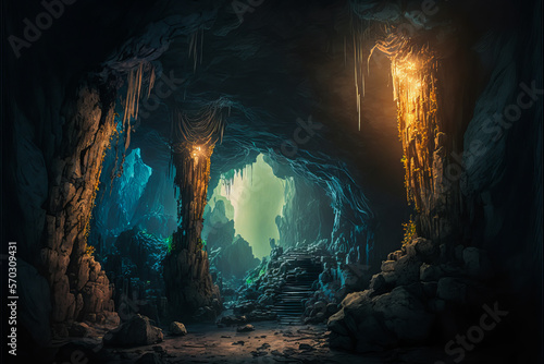 Explore the dark and mysterious depths of the cave with this inside view of stalagmites and stalactites. An invitation to caving and the ancestral spiritual. Generative AI