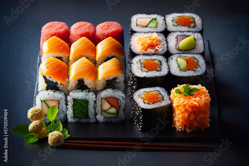 Japanese cuisine. Sushi and rolls set over dark background. Generative AI