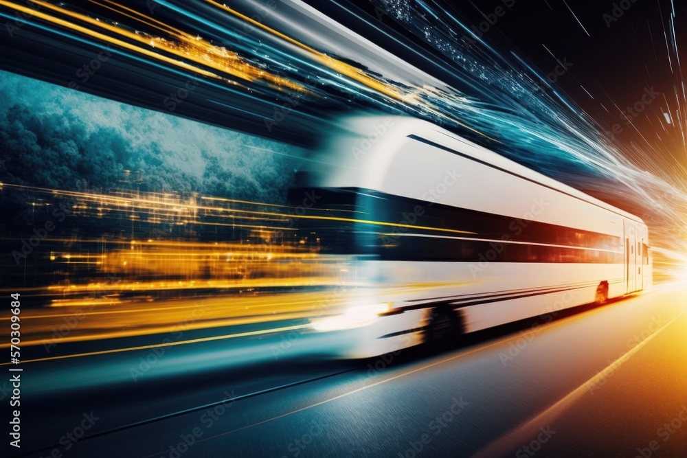Motion blur and digital data flow on the road give the impression of rapid data transit. Concept of disruptive innovation, agile business technique, and future digital transformation. Generative AI