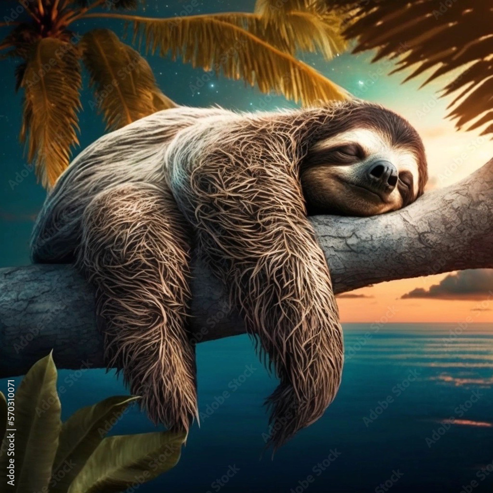 happy and tired sloth sleeps on a palm tree in summer - obrazy, fototapety, plakaty 