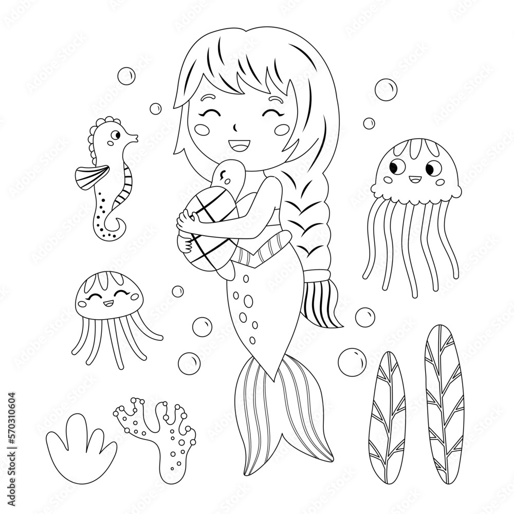 Coloring page. The little mermaid hugs the turtle. Cute jellyfish and ...