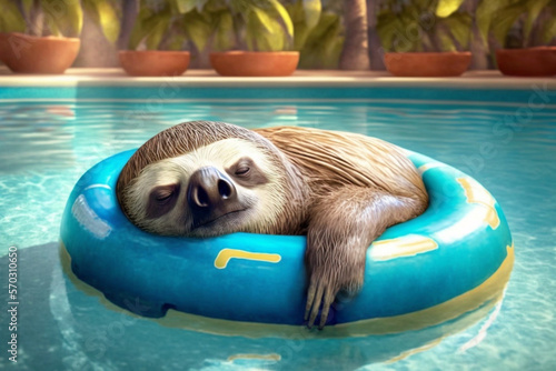 exhausted and tired sloth sleeps in a swimming ring in the swimming pool