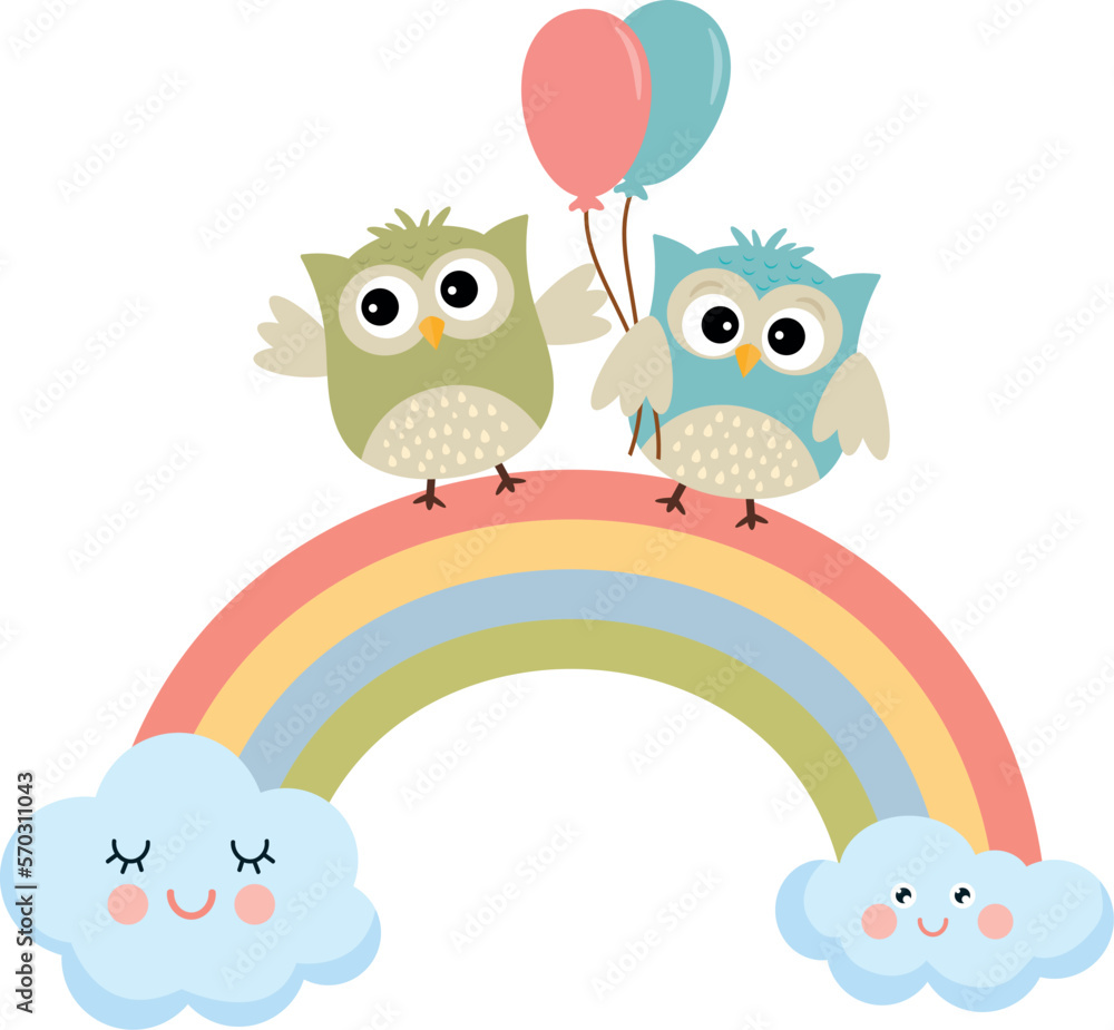 Cute little owls on a rainbow with balloons. Isolated on white background. Vector.