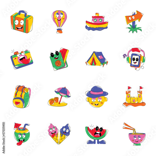 Pack of Colorful Flat Summer Travel Stickers 

