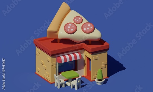 Cartoon style pizzeria building and table with chairs. 3d rendering