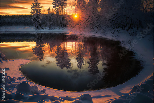 A wild lake covered with snow, illuminated by the golden sunset with its reflections on the water. A quiet and peaceful landscape of exceptional beauty. Generative AI