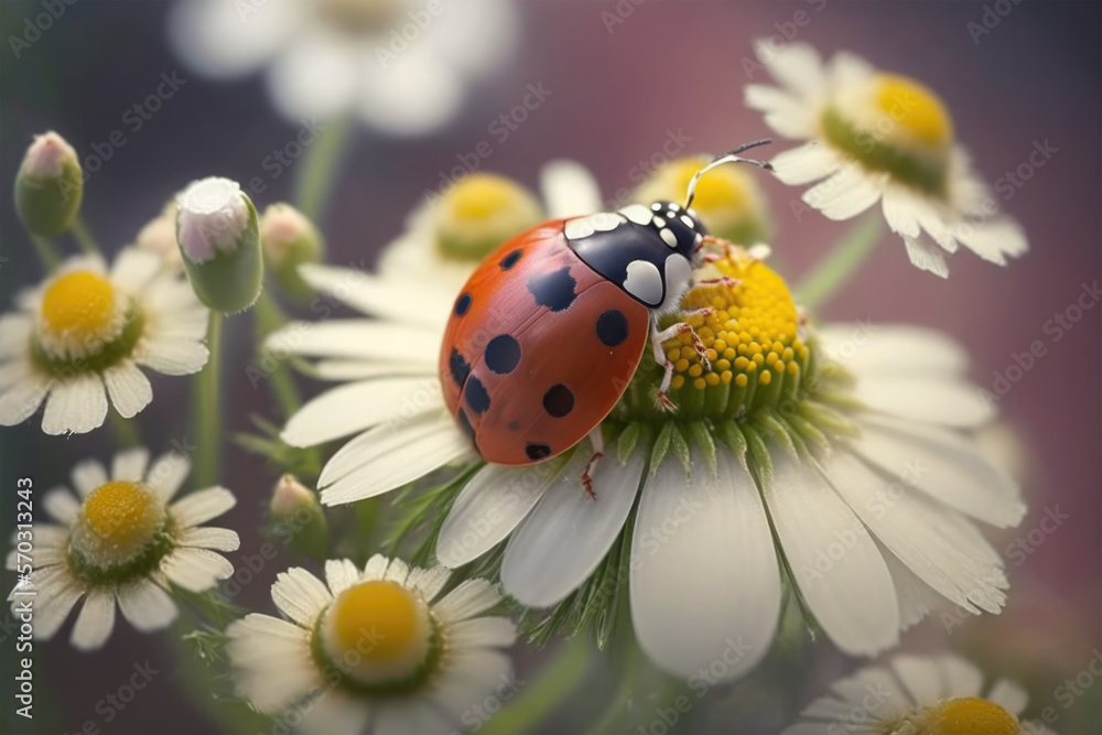 A beautiful ladybug sits on a camomile.