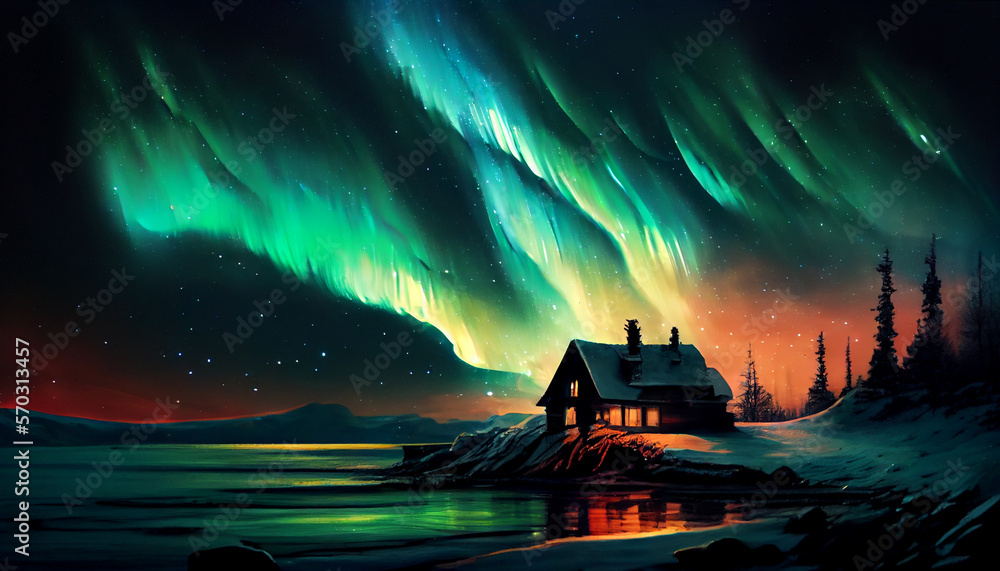 Polarlicht Aurora borealis mit See und Haus im 16:9 Format. Generative Ai.