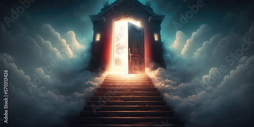 door and stairway to heaven. Paradise entrance. generative ai photo