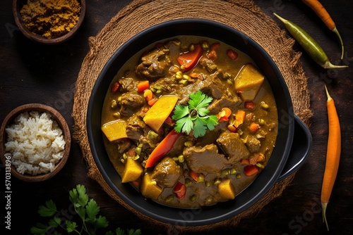 overhead view of traditional Jamaican Curry Goat – slow cooked Jamaican Spiced meat and vegetables spicy Curry in a black bowl on a rustic wooden table, view from above, flat lay, copy space, close